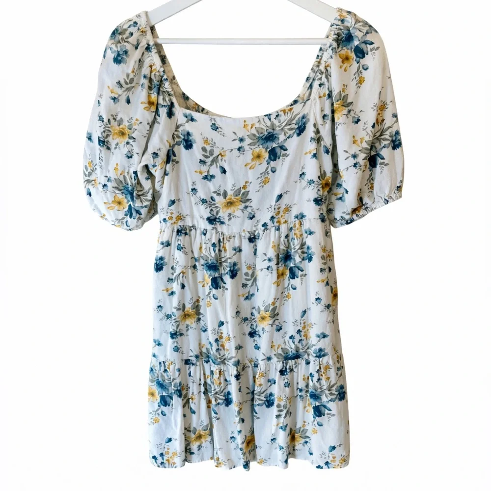 American Eagle Outfitters Blue and Yellow Floral Mini Dress Size M Cottagecore - Picture 1 of 8
